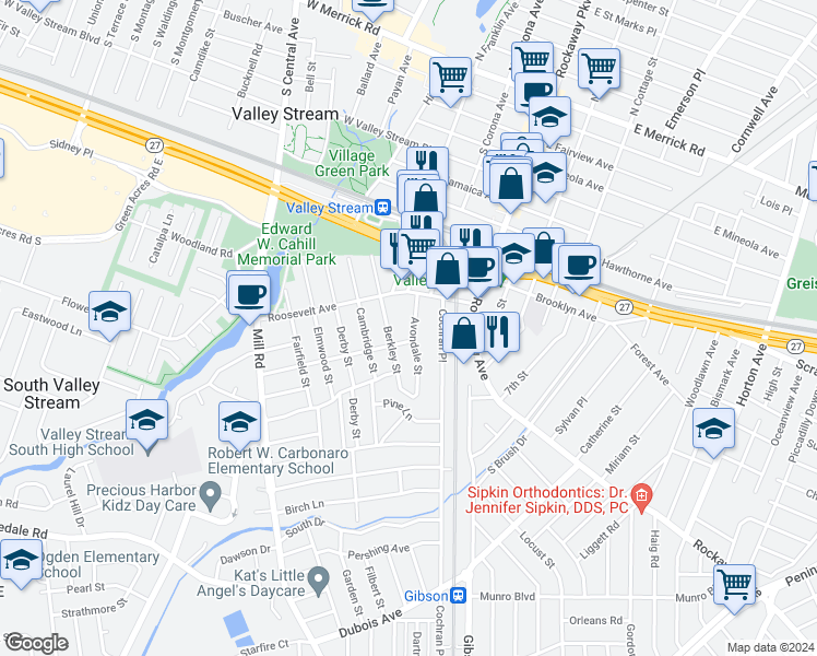 map of restaurants, bars, coffee shops, grocery stores, and more near 36 Avondale Street in Valley Stream
