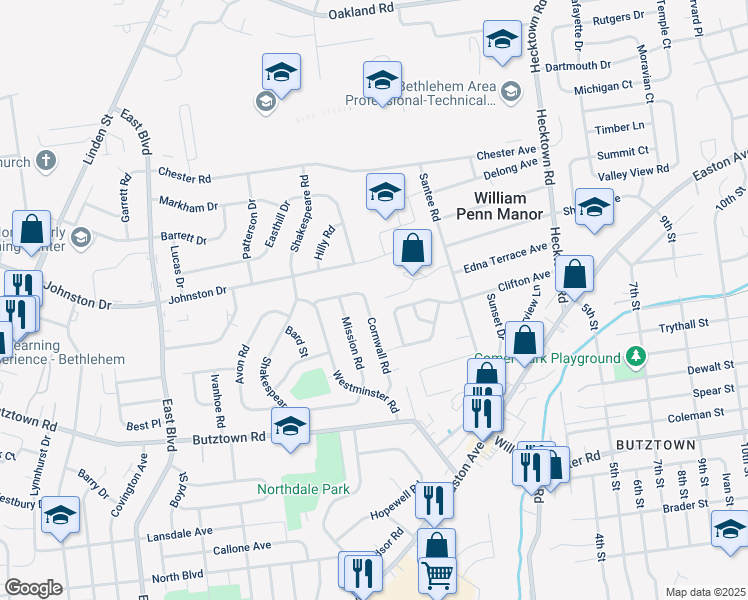 map of restaurants, bars, coffee shops, grocery stores, and more near 3051 Cornwall Road in Bethlehem