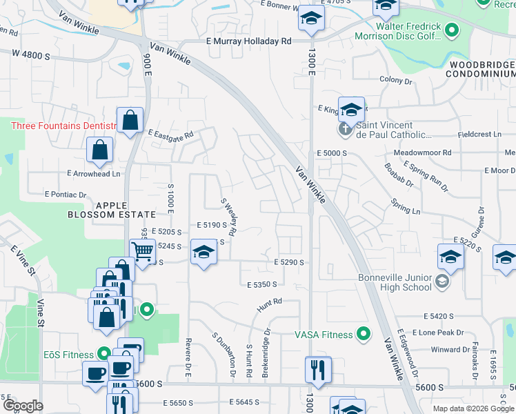 map of restaurants, bars, coffee shops, grocery stores, and more near 5092 East El Sendero Circle in Salt Lake City