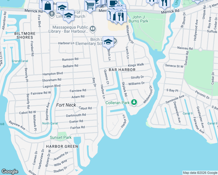 map of restaurants, bars, coffee shops, grocery stores, and more near 59 Overlea North in Massapequa Park