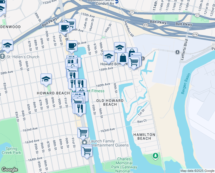 map of restaurants, bars, coffee shops, grocery stores, and more near 160-21 98th Street in Queens
