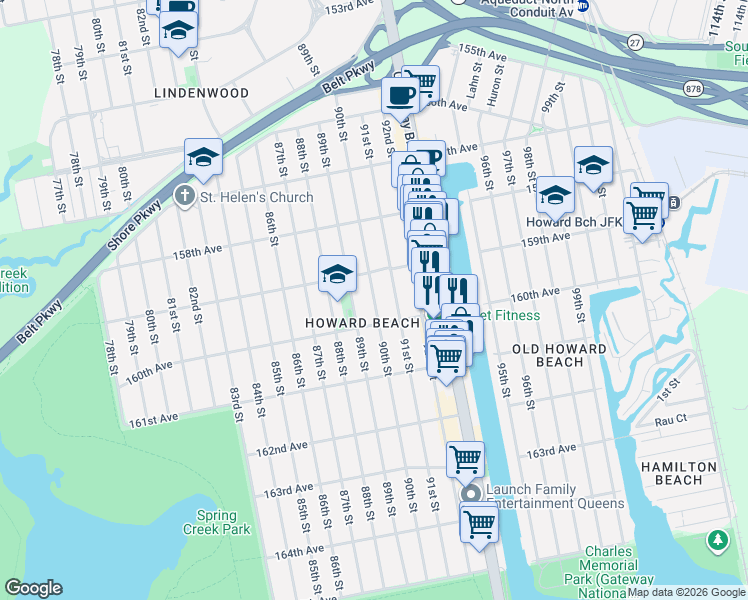 map of restaurants, bars, coffee shops, grocery stores, and more near 159-43 90th Street in Queens