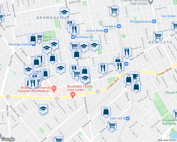 map of restaurants, bars, coffee shops, grocery stores, and more near 503 Thatford Avenue in Brooklyn