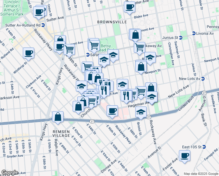 map of restaurants, bars, coffee shops, grocery stores, and more near 37 Lott Avenue in Brooklyn