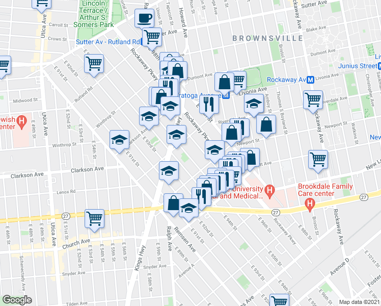 map of restaurants, bars, coffee shops, grocery stores, and more near 399 East 95th Street in Brooklyn