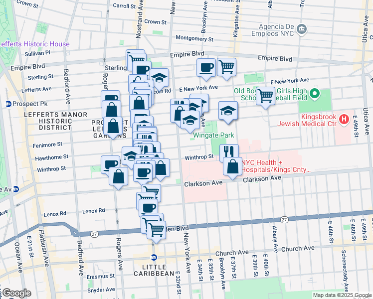 map of restaurants, bars, coffee shops, grocery stores, and more near 387 Winthrop Street in Brooklyn