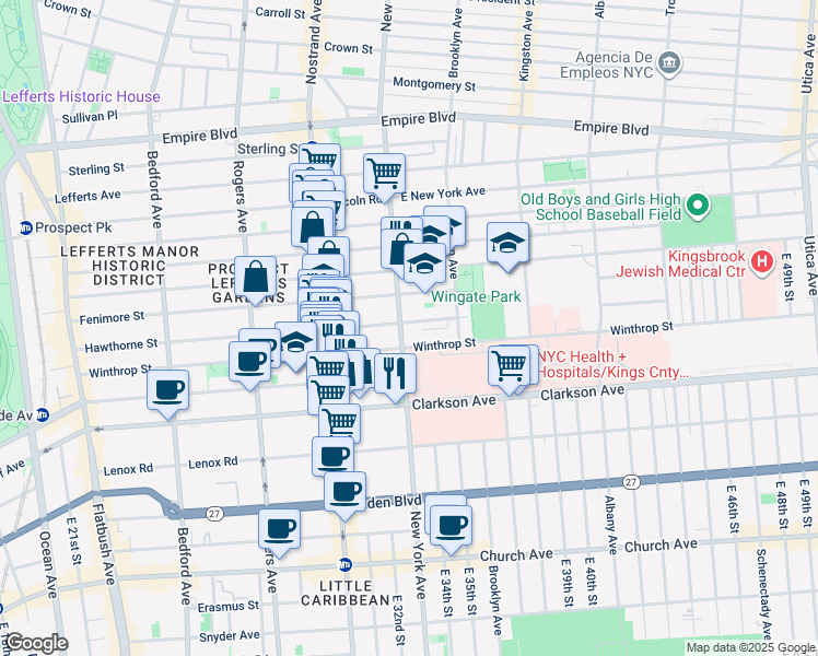 map of restaurants, bars, coffee shops, grocery stores, and more near 387 Winthrop Street in Brooklyn
