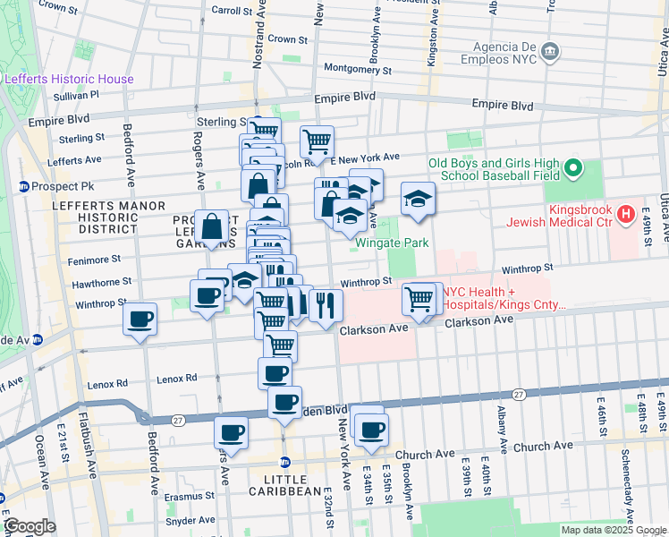 map of restaurants, bars, coffee shops, grocery stores, and more near 387 Winthrop Street in Brooklyn