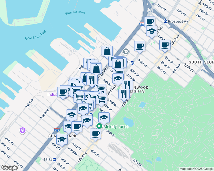map of restaurants, bars, coffee shops, grocery stores, and more near 146 31st Street in Brooklyn