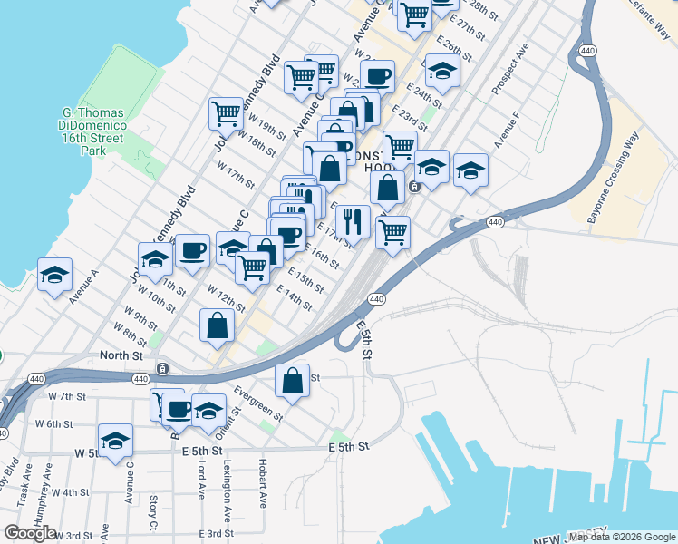 map of restaurants, bars, coffee shops, grocery stores, and more near 24 Sisson Court in Bayonne