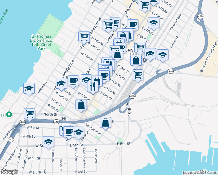 map of restaurants, bars, coffee shops, grocery stores, and more near 22 East 15th Street in Bayonne