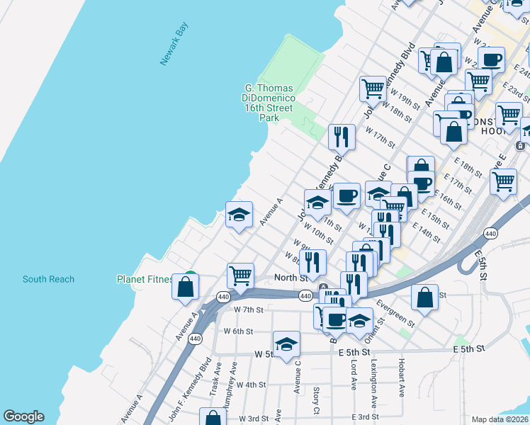 map of restaurants, bars, coffee shops, grocery stores, and more near 153 West 8th Street in Bayonne