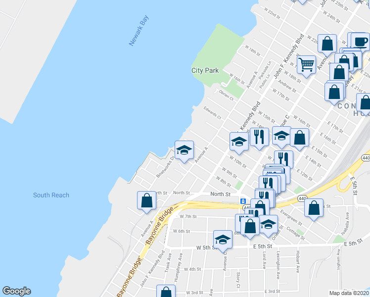 map of restaurants, bars, coffee shops, grocery stores, and more near 176 West 8th Street in Bayonne