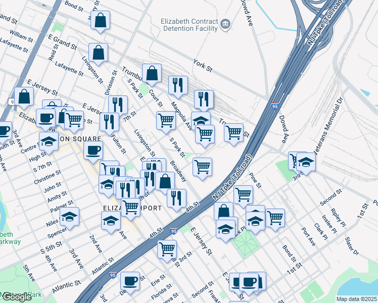 map of restaurants, bars, coffee shops, grocery stores, and more near 512 South Park Street in Elizabeth