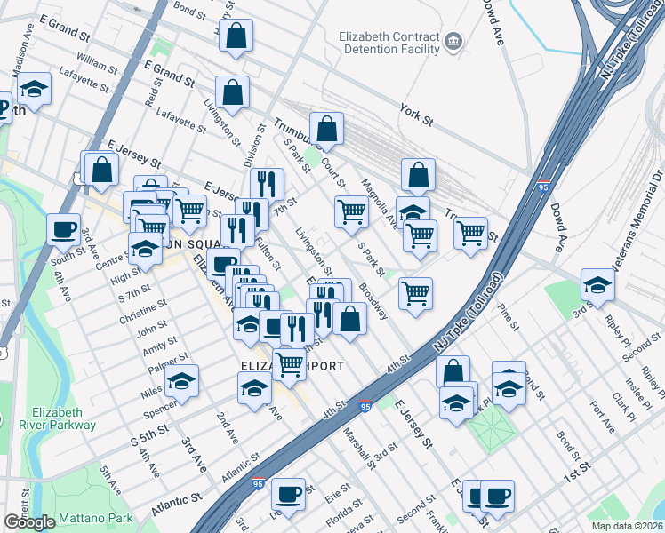 map of restaurants, bars, coffee shops, grocery stores, and more near 548 Livingston Street in Elizabeth