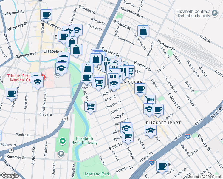 map of restaurants, bars, coffee shops, grocery stores, and more near 214 High Street in Elizabeth