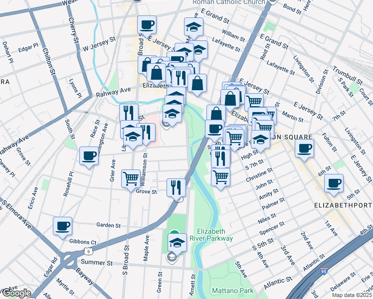 map of restaurants, bars, coffee shops, grocery stores, and more near 313-315 Pearl Street in Elizabeth