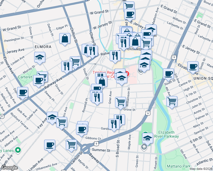 map of restaurants, bars, coffee shops, grocery stores, and more near in Elizabeth