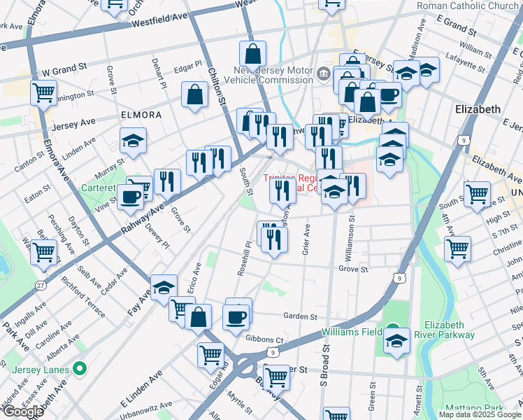 map of restaurants, bars, coffee shops, grocery stores, and more near 932 South Street in Elizabeth