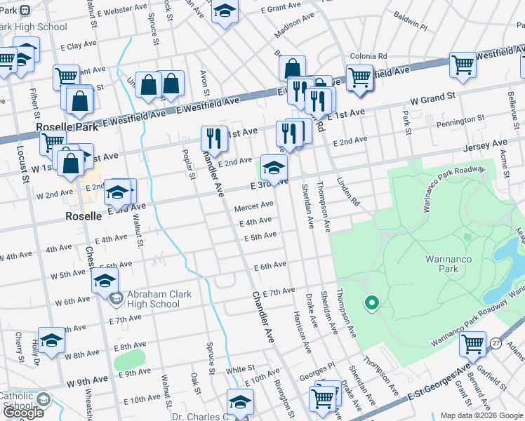 map of restaurants, bars, coffee shops, grocery stores, and more near 450 East 4th Avenue in Roselle