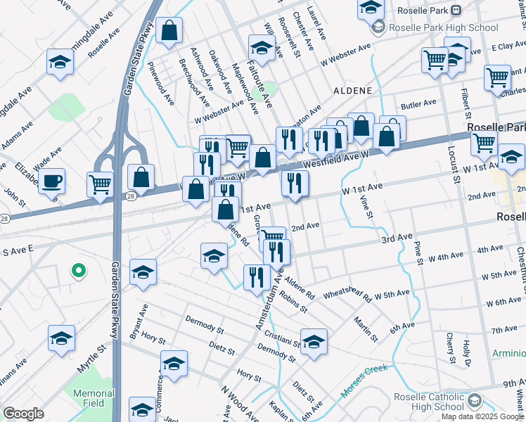 map of restaurants, bars, coffee shops, grocery stores, and more near 111 Grove Street in Roselle