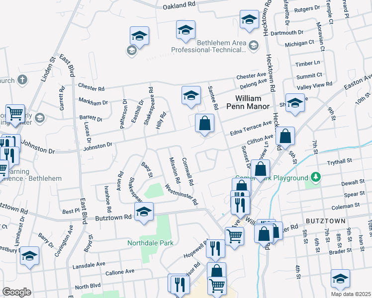 map of restaurants, bars, coffee shops, grocery stores, and more near 3051 Cornwall Road in Bethlehem