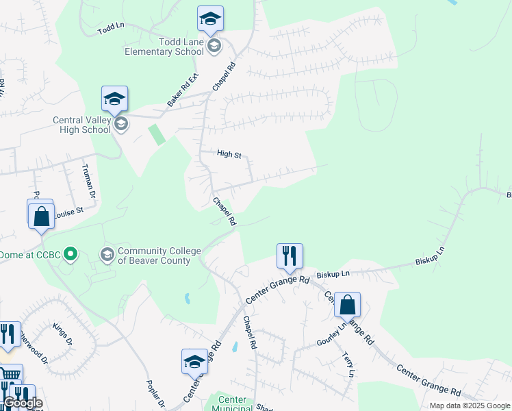map of restaurants, bars, coffee shops, grocery stores, and more near 988 Chapel Road in Monaca