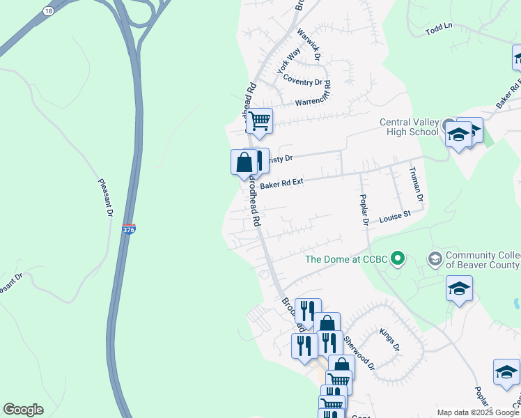 map of restaurants, bars, coffee shops, grocery stores, and more near 3568 Brodhead Road in Monaca