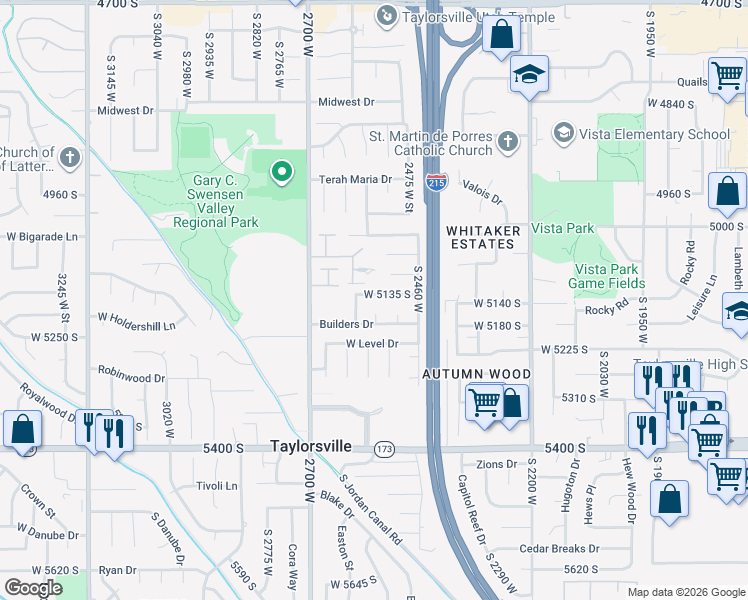 map of restaurants, bars, coffee shops, grocery stores, and more near 2553 West Masons Mile Drive in Taylorsville