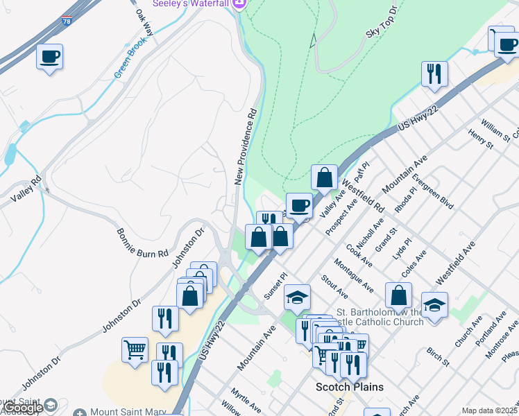 map of restaurants, bars, coffee shops, grocery stores, and more near 105 Donato Circle in Scotch Plains
