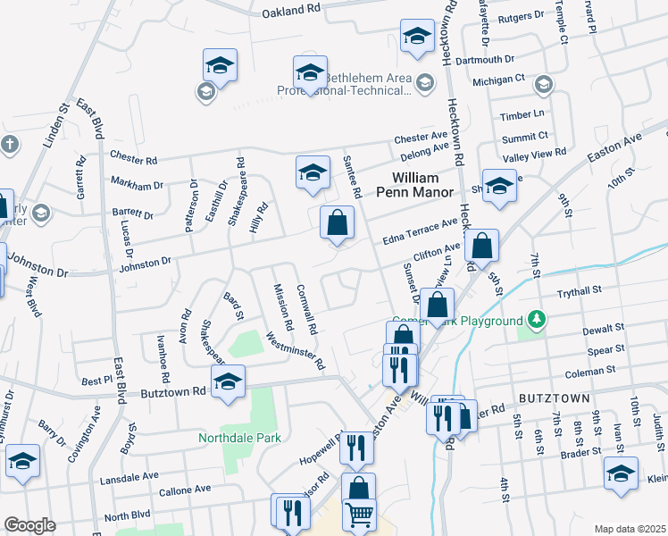 map of restaurants, bars, coffee shops, grocery stores, and more near 3063 Clifton Avenue in Bethlehem