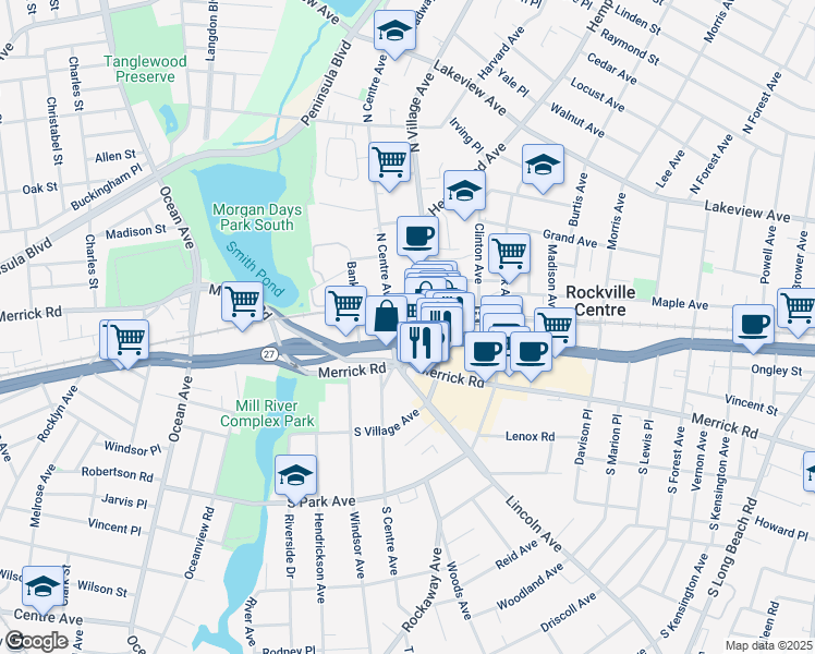 map of restaurants, bars, coffee shops, grocery stores, and more near 173 Sunrise Highway in Rockville Centre