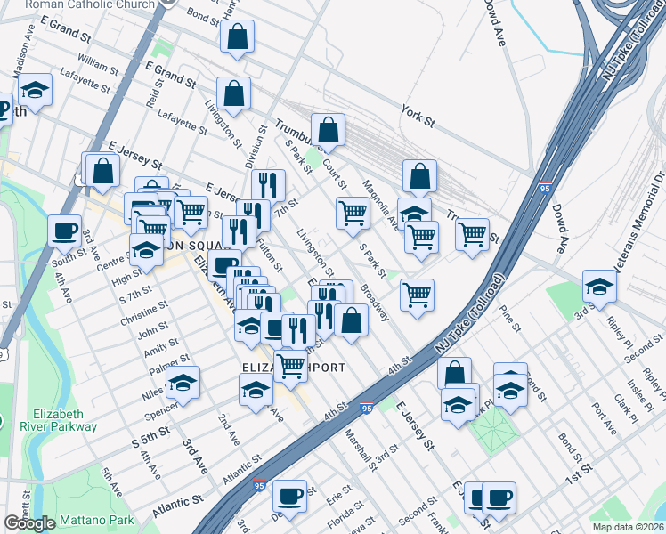 map of restaurants, bars, coffee shops, grocery stores, and more near 548 Livingston Street in Elizabeth