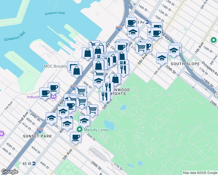 map of restaurants, bars, coffee shops, grocery stores, and more near 200 28th Street in Brooklyn
