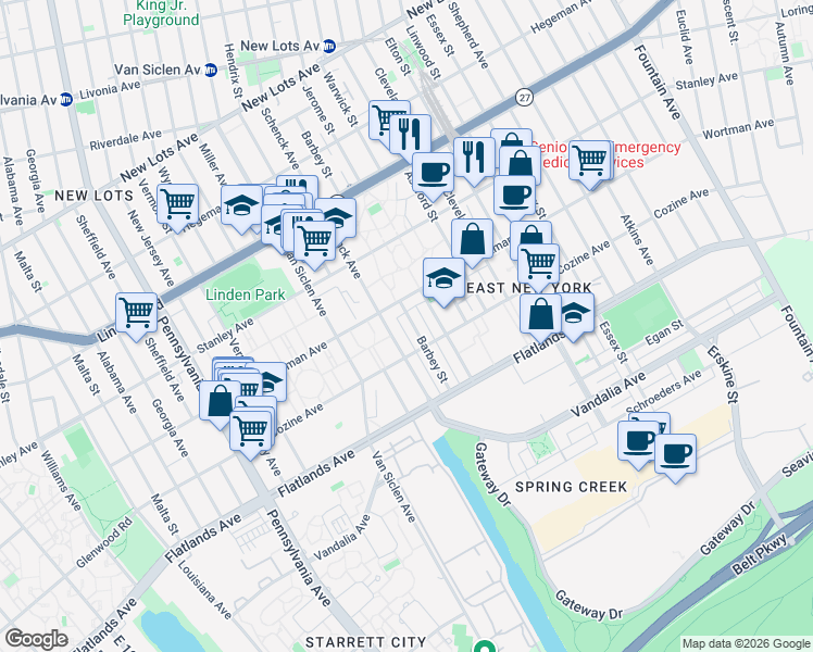 map of restaurants, bars, coffee shops, grocery stores, and more near 945 Schenck Avenue in Brooklyn