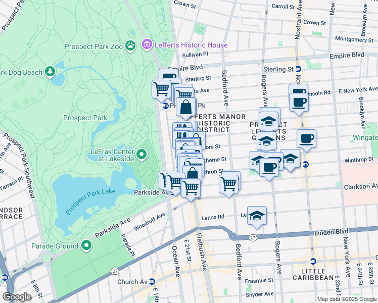 map of restaurants, bars, coffee shops, grocery stores, and more near 635 Flatbush Avenue in Brooklyn