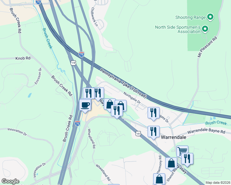 map of restaurants, bars, coffee shops, grocery stores, and more near 111 Watson Drive in Warrendale