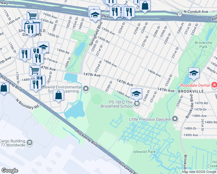 map of restaurants, bars, coffee shops, grocery stores, and more near 148-06 226th Street in Queens