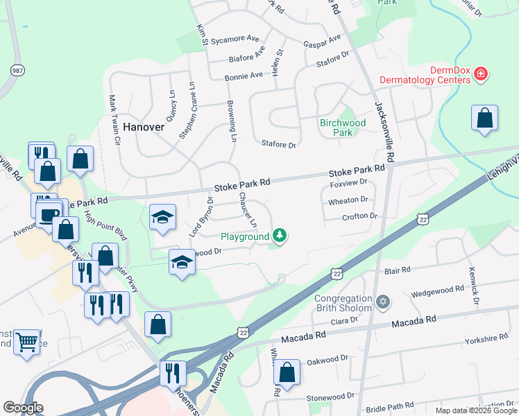 map of restaurants, bars, coffee shops, grocery stores, and more near 3285 Harmor Lane in Bethlehem