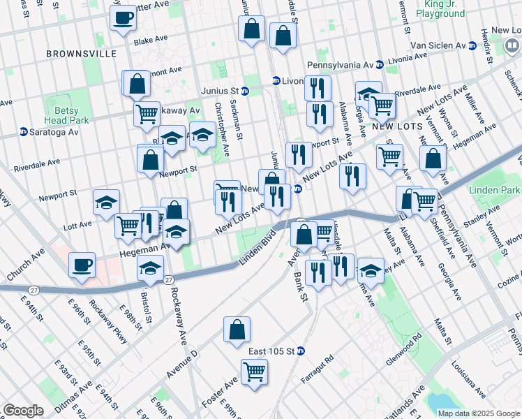 map of restaurants, bars, coffee shops, grocery stores, and more near 96 New Lots Avenue in Brooklyn