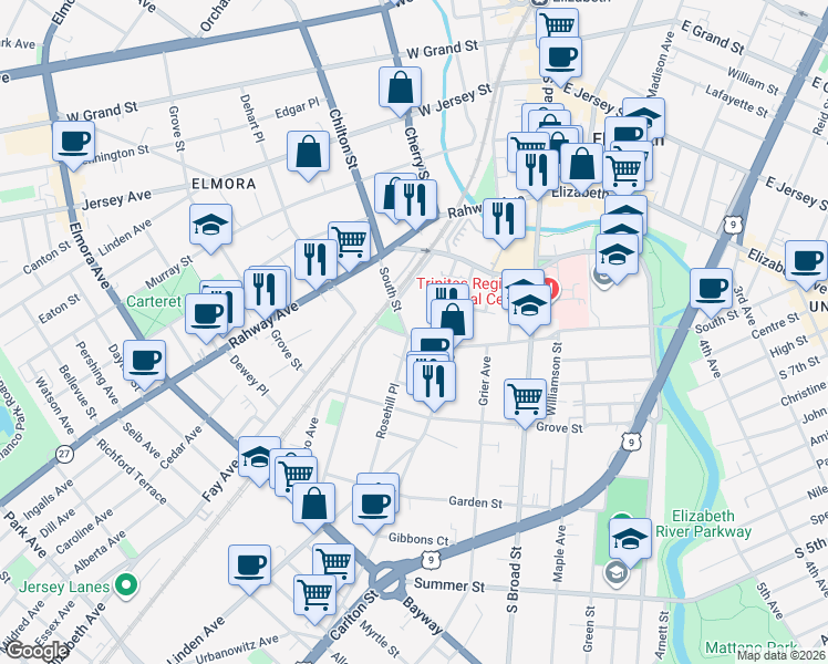 map of restaurants, bars, coffee shops, grocery stores, and more near 932 South Street in Elizabeth