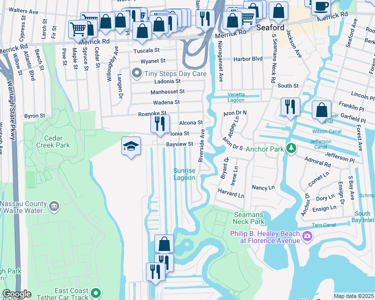 map of restaurants, bars, coffee shops, grocery stores, and more near 2540 Seminole Avenue in Seaford