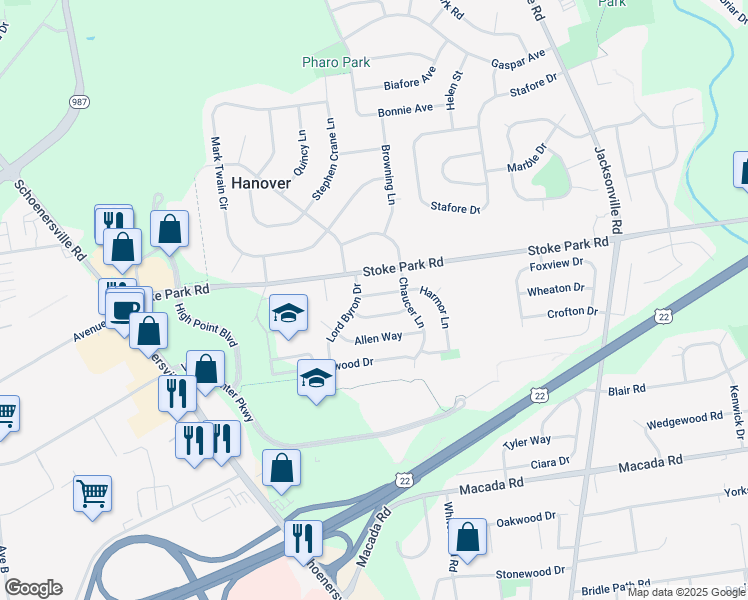 map of restaurants, bars, coffee shops, grocery stores, and more near 1575 Harmor Lane in Bethlehem