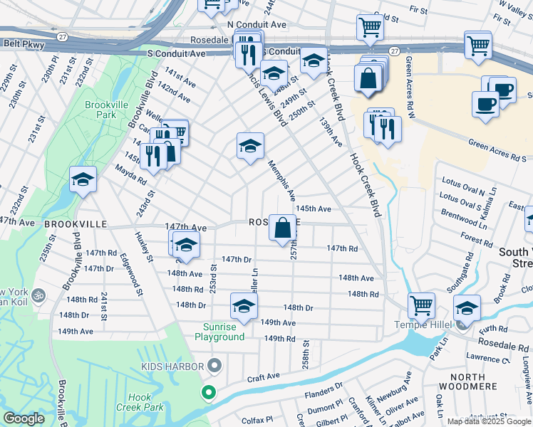 map of restaurants, bars, coffee shops, grocery stores, and more near 42 254th Street in Queens
