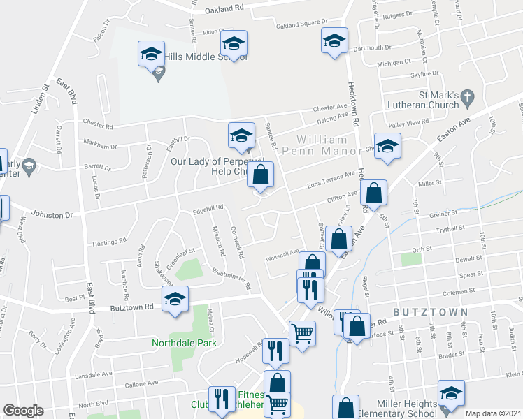 map of restaurants, bars, coffee shops, grocery stores, and more near 3083 Clifton Avenue in Bethlehem