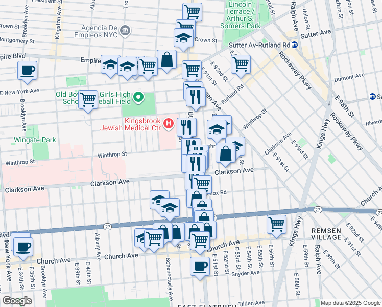 map of restaurants, bars, coffee shops, grocery stores, and more near 656 Utica Avenue in Brooklyn