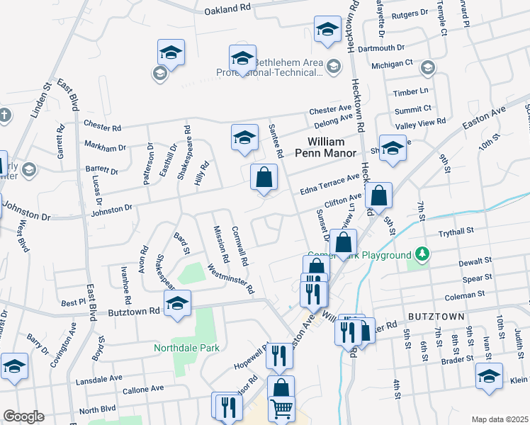 map of restaurants, bars, coffee shops, grocery stores, and more near 3083 Clifton Avenue in Bethlehem