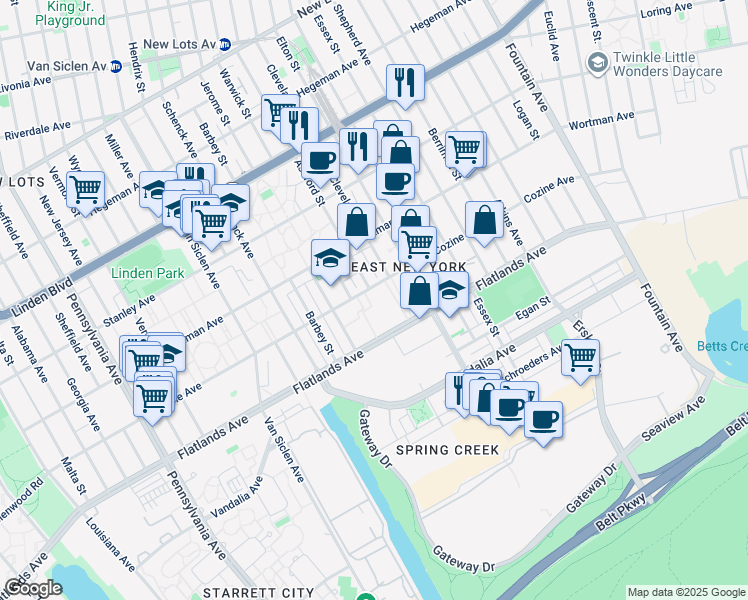 map of restaurants, bars, coffee shops, grocery stores, and more near 400 Cozine Avenue in Brooklyn