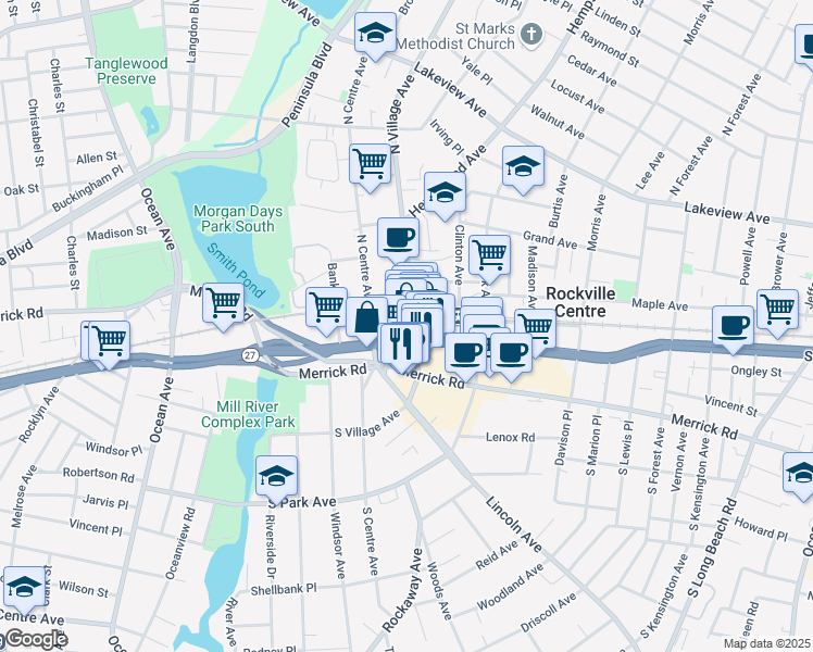 map of restaurants, bars, coffee shops, grocery stores, and more near 42 North Village Avenue in Rockville Centre