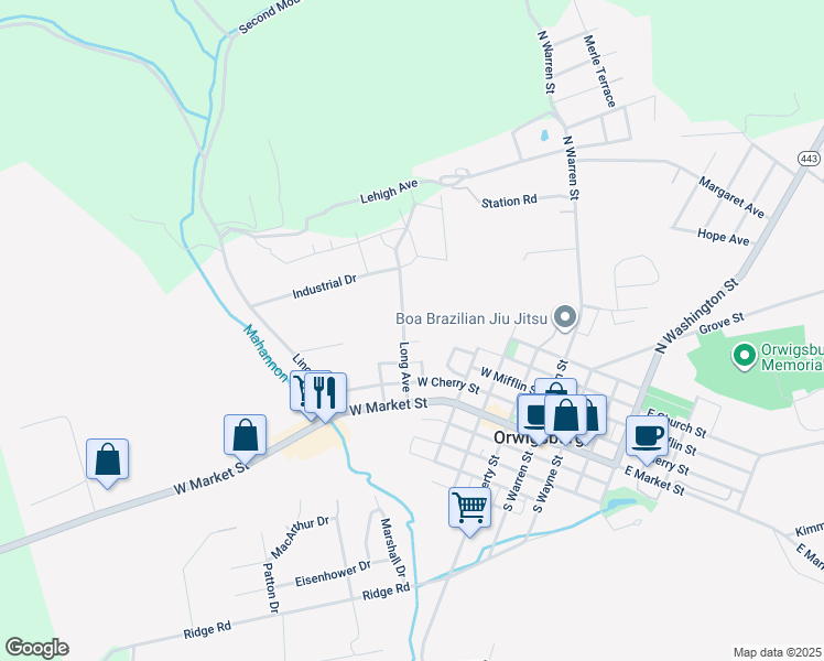 map of restaurants, bars, coffee shops, grocery stores, and more near 216 Long Avenue in Orwigsburg